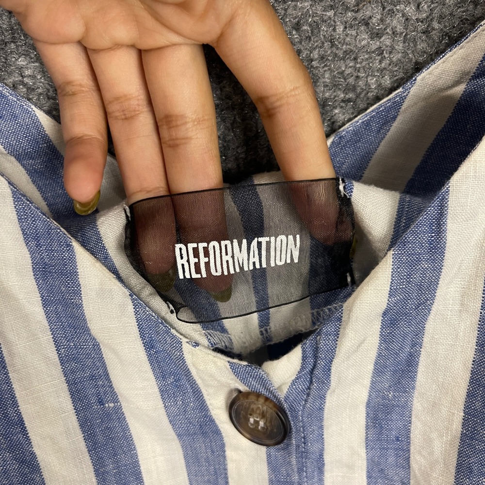 Reformation Mini Dress Womens M Excellent Striped Linen Button Front USA Made - Picture 6 of 8